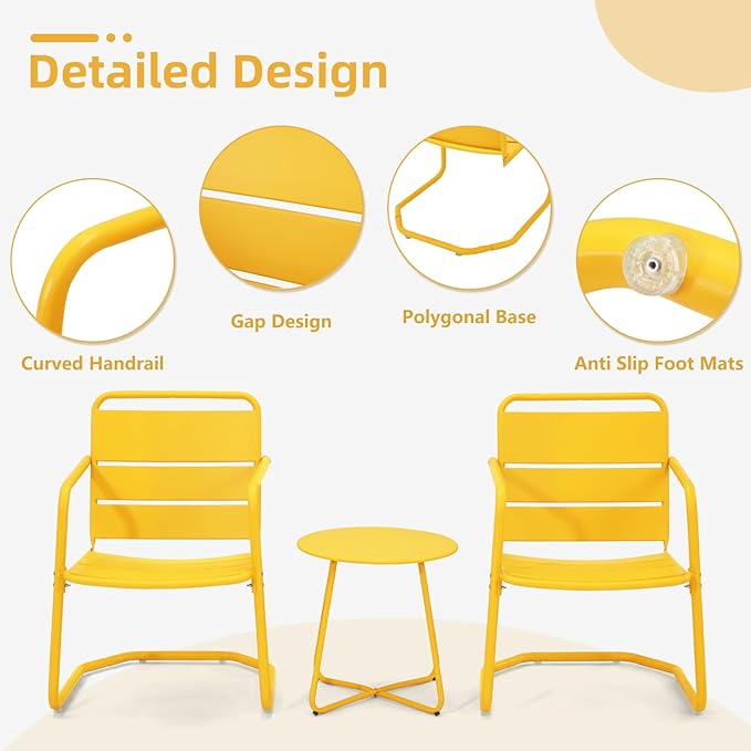 MELLCOM 3 Piece Patio Set, Small Patio Furniture Set - 2 C-Spring Metal Chairs with Round Side Table, Outdoor Bistro Set for Balcony, Front Porch, Poolside, Garden, Deck, Yellow