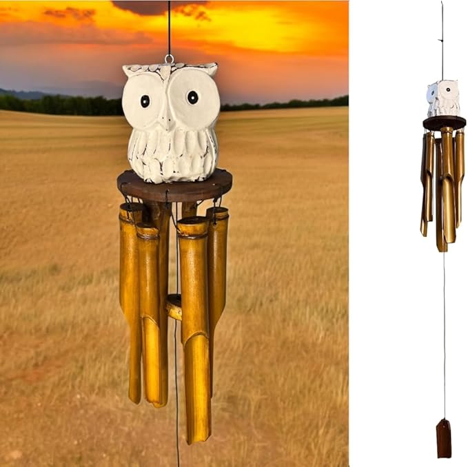 Big Eyed Owl Carved Wood and Bamboo Windchime – Distressed White Finish Hanging Outdoor Garden – Relaxing Calming Deep Tones