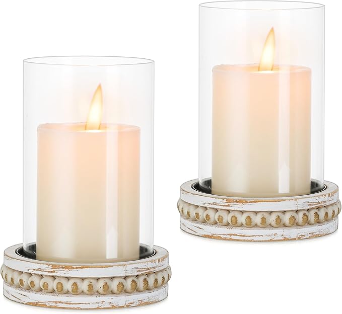 Glasseam Hurricane Glass Candle Holders, Rustic Pillar Candle Holder Set of 2, Farmhouse Candle Holders for Table, Cylinder Candle Holder with Beaded Candle Plates for Dining Living Room Decorations