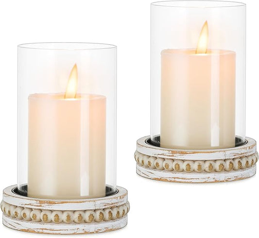 Glasseam Hurricane Glass Candle Holders, Rustic Pillar Candle Holder Set of 2, Farmhouse Candle Holders for Table, Cylinder Candle Holder with Beaded Candle Plates for Dining Living Room Decorations