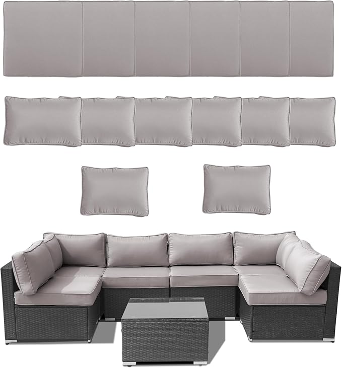 14Piece Outdoor Sofa Cushion Replacement, Patio Furniture Waterproof Cushion with Zippers, fit 6-Seat Outdoor Wicker Rattan Sectional Couch (Light Grey, 24.8"x24.8"x3.15")
