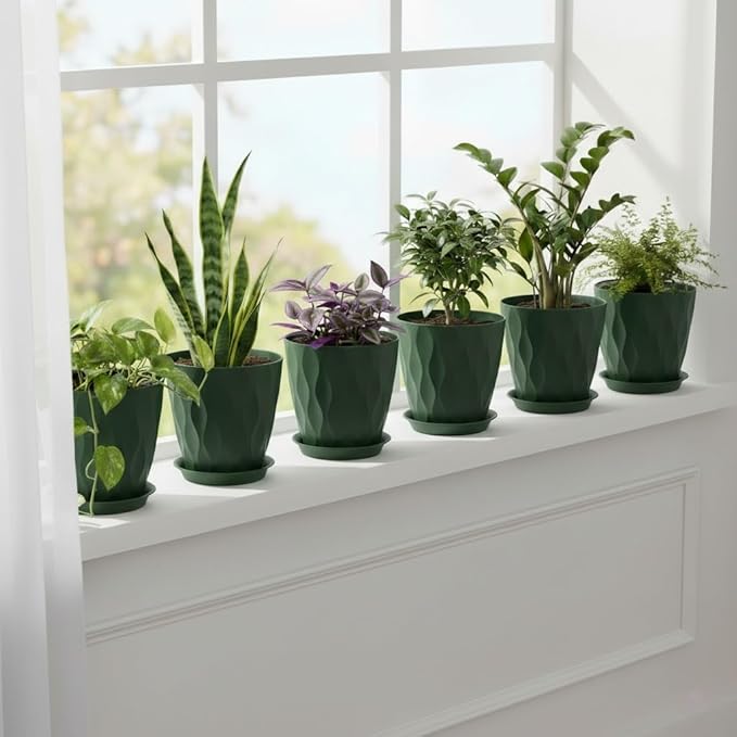 Plant Pots 8 Inch, 6 Pack Plastic Flower Pots for Indoor & Outdoor Plants, Planters with Drainage Holes and Saucer, Garden Pot for Plants (Deep Green)