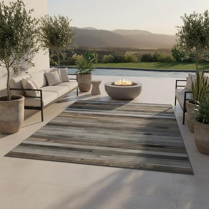 Rustic Washable Wooden Board Outdoor Area Rug 7x10 Natural Wood Grain Outdoor Rug for Courtyard Balcony Deck Backyard Patio Front Porch Waterproof Anti Slip Lightweight Foldable Carpet Grey Brown
