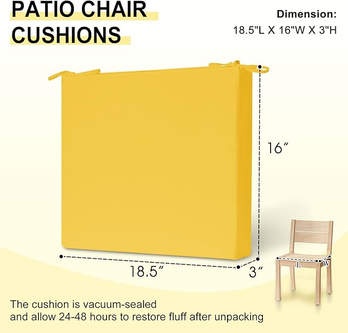 downluxe Outdoor Chair Cushions Set of 2 for Patio Furniture, Water-Resistant Square Corner Patio Chair Cushions with Ties, High Density Foam Outdoor Seat Cushion, 18.5" X 16" X 3", Yellow