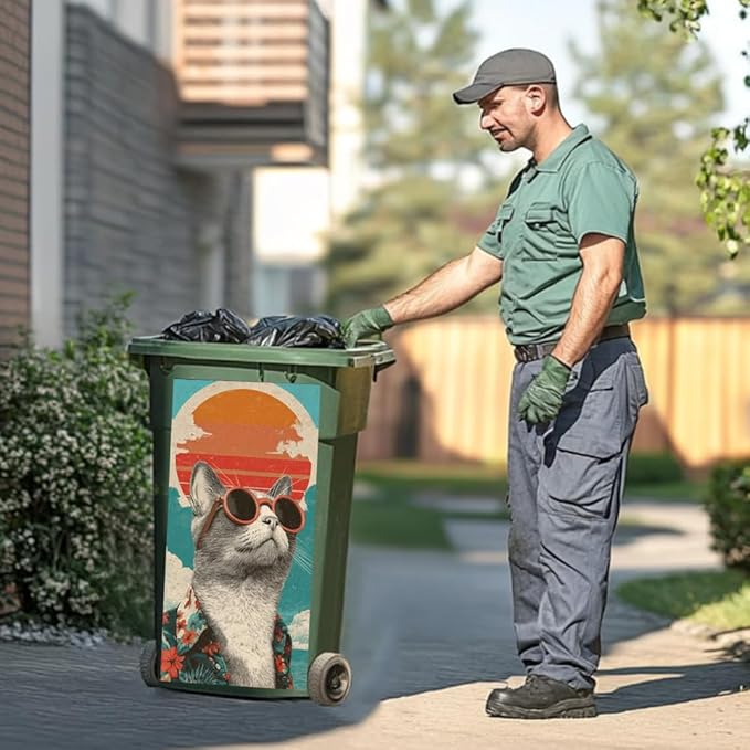 2PC Trash Can Sticker 14.57 x 32.28 Inch Cool Cat Design Summer Beach Theme Decorative Garbage Bin Cover Outdoor Trash Can Decal Art for Home Yard Garden Holiday Decoration