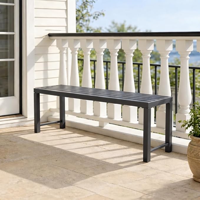 Outdoor Metal Backless Bench Weatherproof Patio Bench with Slatted Seat, All-Weather Garden Bench for Porch, Patio, Lawn and Backyard, Grey