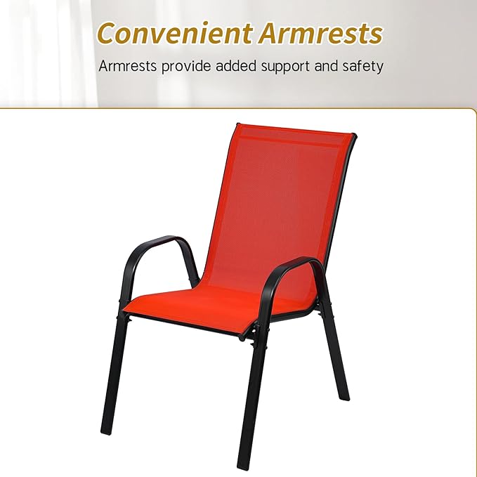 Stackable Outdoor Patio Dining Chairs with Backrest/Armrests for Lawn Garden Balcony Deck Camping-Set of 2 Or 4 (4, red)