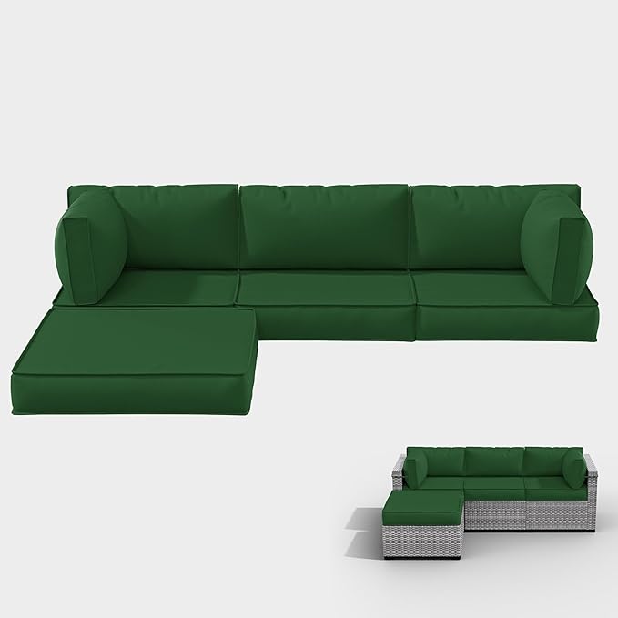 Outdoor Cushions for Patio Furniture with 5 Pillows, Waterproof Patio Furniture Cushions Replacement, 4" Deep Seat Outdoor Sectional Cushions for 4-seat Patio Furniture Chair Sofa Couch,Green
