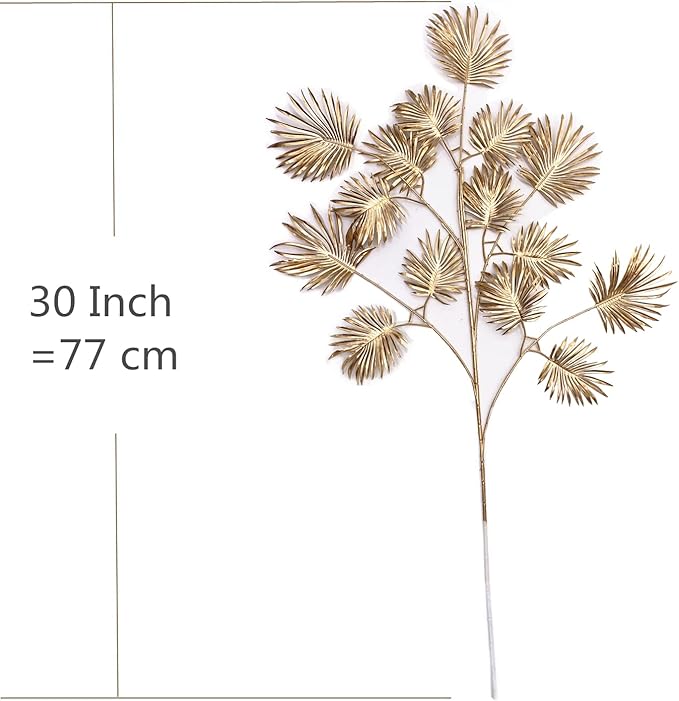 Artificial Golden Plants for Christmas Decor, Tall 30 Inch Faux Palm Leaves Plastic Fan Leaf Fake Tropical Monstera Tree for Indoor Outdoor Wedding Party Big Vase Filler DIY Decoration - Gold 2 Pack