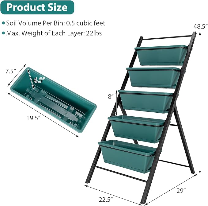S AFSTAR 5-Tier Vertical Garden Planter, 5-Layer Raised Garden Bed with 5 Detachable Planter Boxes & Metal Frame, Indoor Outdoor Elevated Planting Containers for Flower Vegetables Fruit Herbs