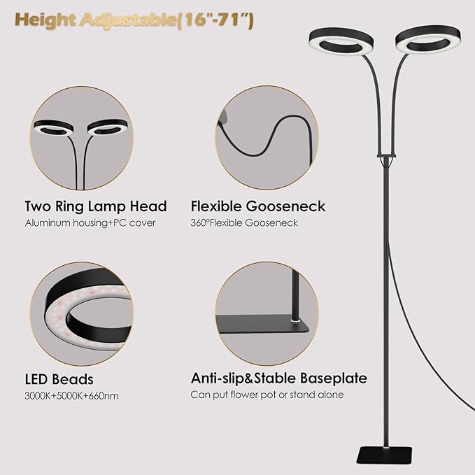 GLOWRIUM Grow Lights for Indoor Plants, Full Spectrum LED Grow Light Floor Lamp with Stand Adjustable Height and Angle, Black Plant Light with 3/9/12H Grow Light Timer (Black, 36W)