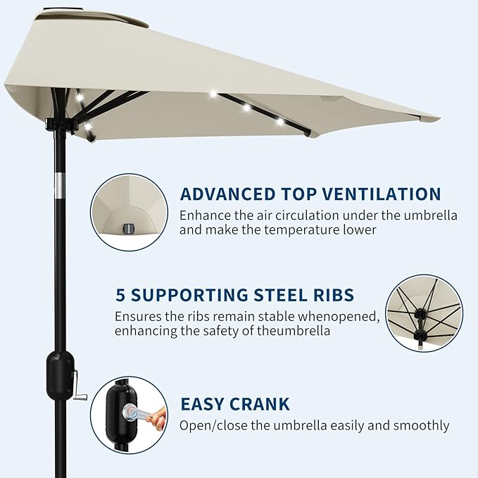 Garvee Patio Umbrella 9FT - Half Umbrella Outdoor with Solar LED Lights and Smooth Crank Lift, Outdoor Shade Canopy for Patio, Backyard, Garden, Deck, Balcony -Beige