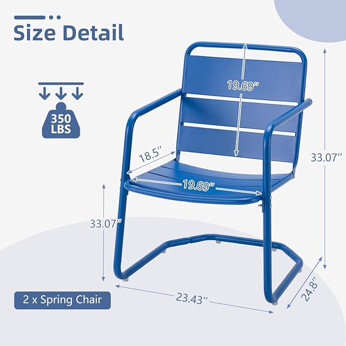 MELLCOM Patio Chairs Set of 2, Small Patio Furniture Set - 2 C-Spring Metal Chairs, Outdoor Bistro Set for Balcony, Front Porch, Poolside, Garden, Deck, Indoor, Blue