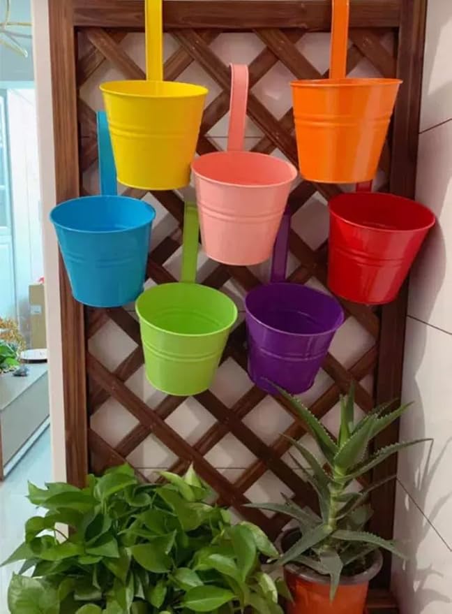 Leoyoubei Vintage Hanging Cup Holders with Removable Hooks -5 Pack Metal Iron Buckets Hanging Flower Pots Wall Fence Hanging Planter-Storage Box, Drainage Holes -5''Diameter Vase (Red)