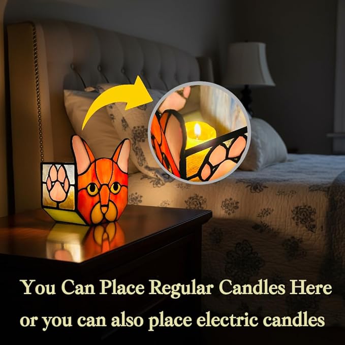 Stained Glass Cat Tea Light Holder, Orange Cat Decorative Candle Holder, Handcrafted Animal Design for Home Decor,Cute Plant Pots,Cat Lover Gift