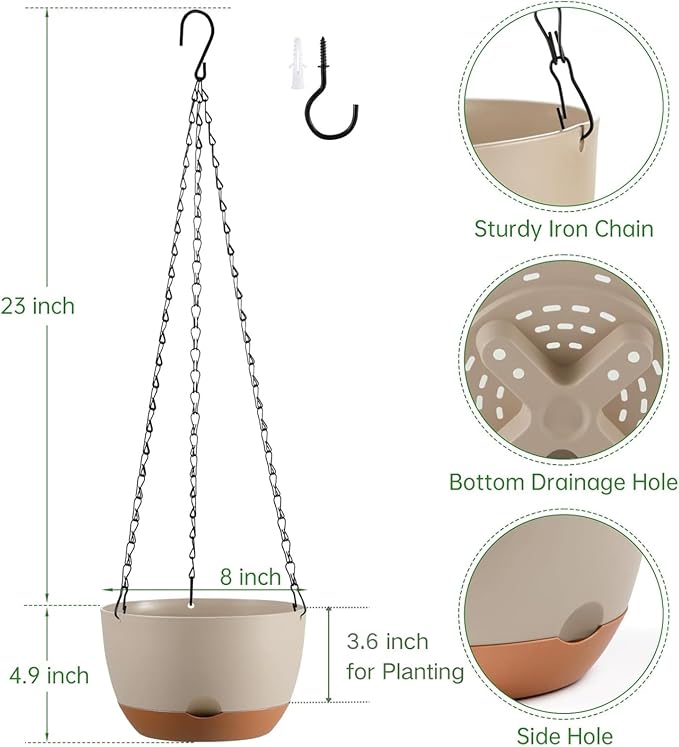 Hanging Planters for Indoor Plants, Set of 2 8/10 Inch Self-Watering Hanging Pots with Drainage Hole & Removable Water-Storage Tray II Screw-in Hooks II