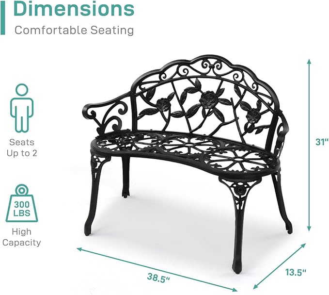 Outvita Patio Garden Bench, 38" Cast Aluminum Outdoor Chair Anti-Rust Weather Resistant Patio Bench Rose Pattern Bench for Front Porch, Backyard, Lawn