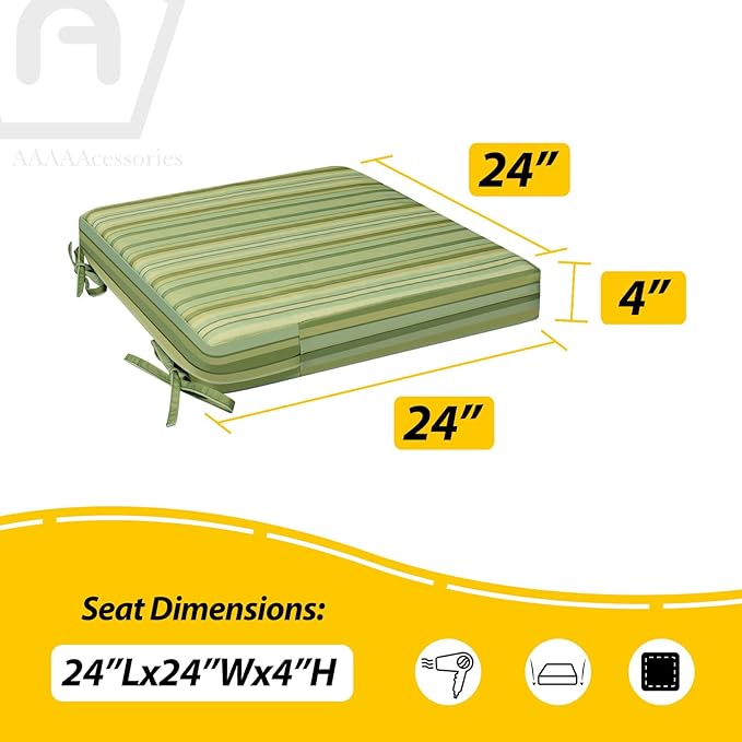 AAAAAcessories Outdoor Seat Cushions for Chairs, Waterproof, Fade-Resistant, 24" x 24" x 4", Patio Furniture Replacement Cushions, Set of 2, Mossy Forest Stripe