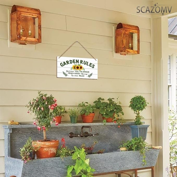 SCAZOMV Garden Sign Decor, Garden Rules Listen To Birds Feel The Breeze Read A Book Take A Nap Sip A Drink Relax, Outdoor Decorative For Garden Farmhouse, Wooden Hanging Plaque 5"X 10"