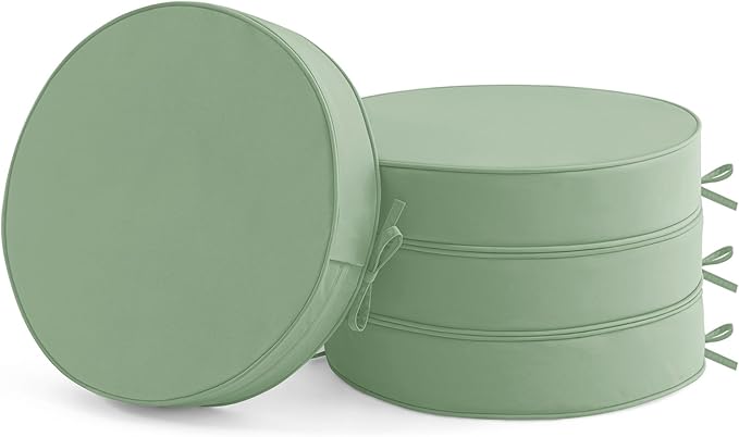 Outdoor Bistro Chair Cushions Set of 4, 15" D x 3" H Round Chair Cushions Waterproof and Fade Resistant Chair Cushion Pads with Non-Slip Ties and Removable Covers for Garden, Sage Green