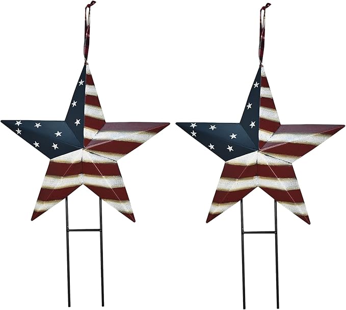 Metal Star Yard Sign with Stake American Decor, 4th of July Patriotic Barn Star Garden Stake Hanging Ornament Wall Decor Veterans Day Memorial Day Outdoor Lawn Decorations