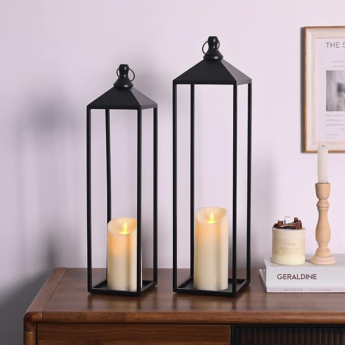 22'' 19'' Large Lanterns Decorative Outdoor Indoor, Set of 2 Black Metal Candle Lanterns Modern Farmhouse Floor Lanterns Decorative for Home Decor, Mantle, Fireplace, Patio, Porch, Garden