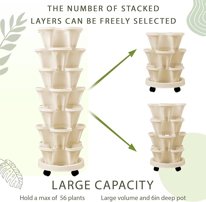Umigy 1 Set Beige 7 Tier Vertical Planter Stackable Tower Planters Strawberry Herb Flower and Vegetable Pots Indoor Outdoor Gardening Pots with Removable Wheels and Tools