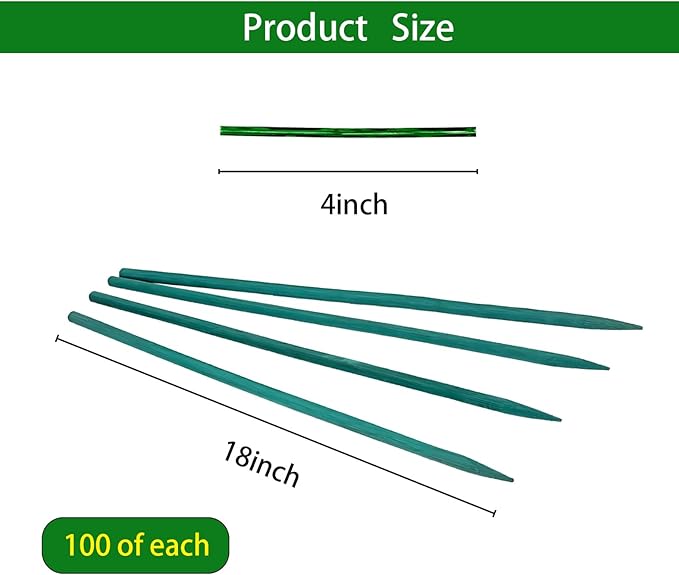 100 PCS 18” Bamboo Plant Stakes with Green Garden Ties - Sturdy Wooden Support Sticks for Indoor & Outdoor Potted Plants, Orchids, Tomatoes, Floral Gardening