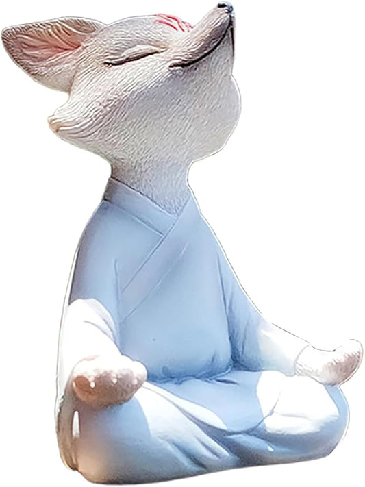 Meditating Buddha Fox Statue Resin Zen Animal Sculpture Yoga Figurines Indoor Outdoor Fengshui Decor for Patio Garden Yard Lawn Tabletop Planter Ponds Pot Bookshelf Ornaments Gifts White