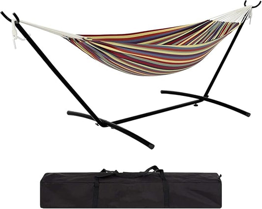 Double Hammock with Stand, 2 Person Portable Foldable Outdoor Hammock, 450lb Capacity Heavy-Duty Hammock for Garden, Patio, Backyard, Yellow Rainbow Stripes