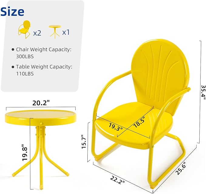 Patio Bistro Set Retro Metal Outdoor Seating Set Conversation Set 3 Pieces, 2 C-Spring Motion Armchairs and Round Side Table, for Porch, Lawn, Garden（Yellow）