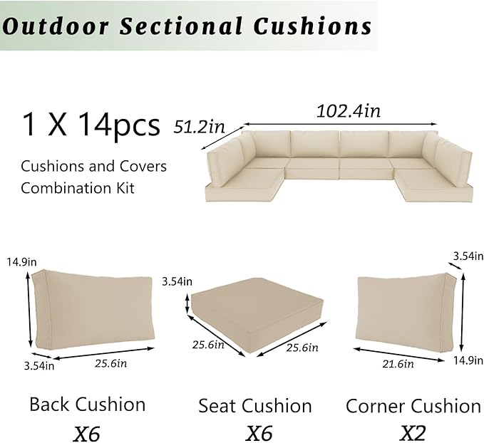 Outdoor Sectional Cushions Replacement Set, 26x26in Patio Furniture Cushions, 14 Pieces Waterproof Outdoor Couch Cushion for 6 Seat Wicker Conversation (Khaki 15" Height)