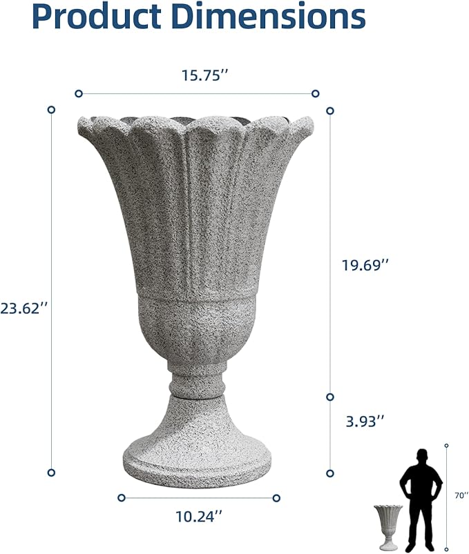 Tall Plastic Urn Planters for Outdoor Plants Set of 2-23.6" H Classic Petal Design Indoor Large Flower Pots with Drainage Holes, Outdoor Planters for Porch Decor/Garden Vase, Grey
