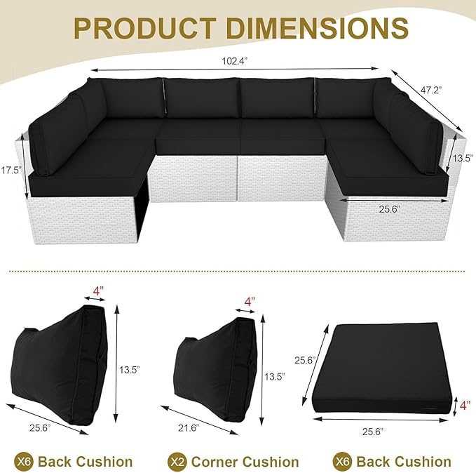 Outdoor Replacement Cushions for Patio Furniture,14-Piece Patio Water-Resistant Replacement Sofa Cushions,Fits 6-seat Sectional Rattan Conversation Set,Liner&Cover Patio Furniture Cushions (Black)