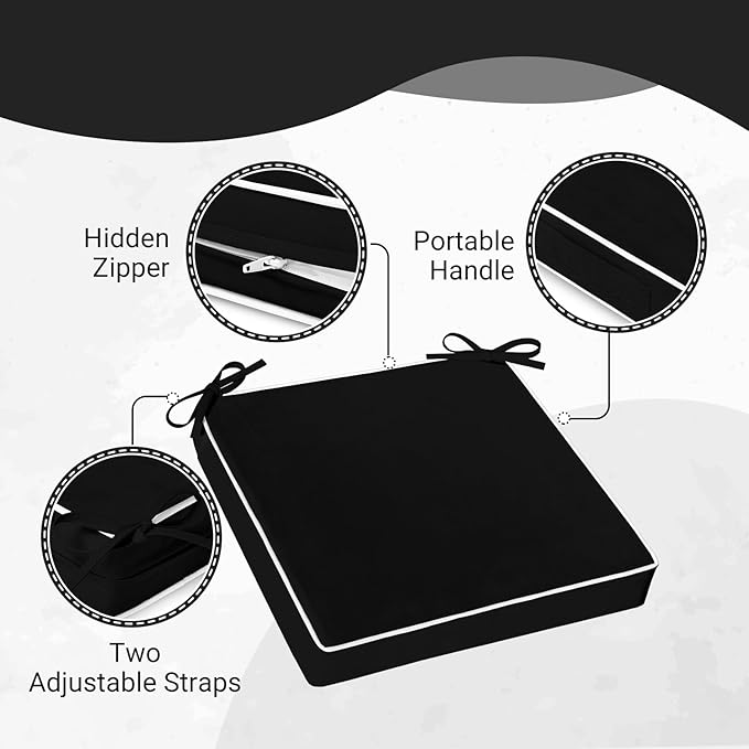 downluxe Waterproof Outdoor Chair Cushions Set of 2, 19" x 19" x 3" Patio Chair Cushion with Non-Slip Ties & Handle, Square Outdoor Cushion for Patio Furniture with Removable Cover, Black/White