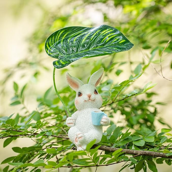 Adorable Animal Garden Statue with Umbrella - Charming Outdoor Decor for Yard, Patio, or Garden (White Rabbit Holding an Umbrella)