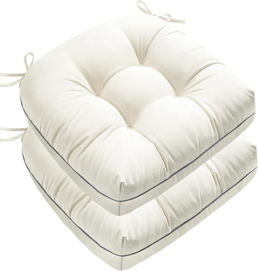 Outdoor Chair Cushions Set of 2, Outdoor Cushions for Patio Furniture and Wicker Chair, Memory Foam Patio Seat Cushion Pads with Ties, 19 x 19 Inch (Cream)