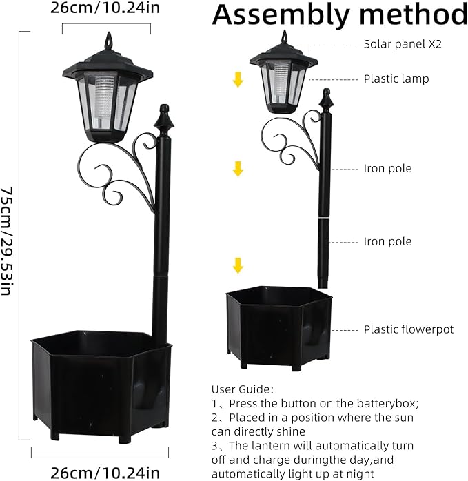 2 Pack Solar Floor Lamps with Planter (2-in-1 Design), 29.5" Outdoor LED Garden Lights - IP44 Waterproof, Warm White Auto-On at Dusk, Easy Install for Lawn, Patio, Porch, Yard & Pathway Decor