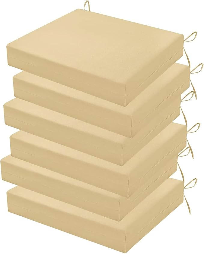 Outdoor Chair Cushions Set of 6, 18.5 x 16 Inch Patio Chair Cushions for Outdoor Furniture, Water Resistant, Non-Slip Ties (Khaki)