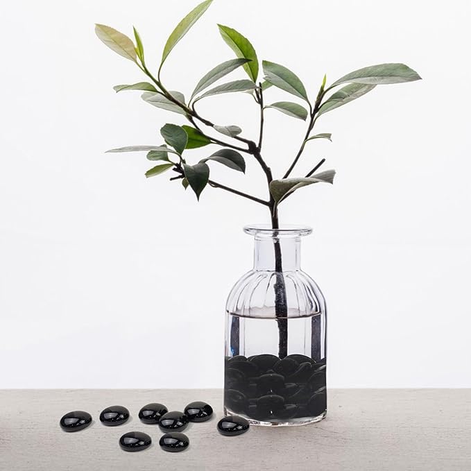 10 lbs Black Glass Rocks for Fire Pits, 1000 pcs Black Glass Gems, Decorative Flat Beads for Vase Fillers Fish Tank Plants Flower Pots Crafts and Aquarium Glass Rocks