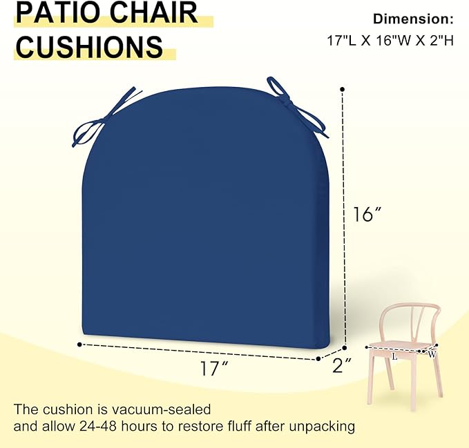 downluxe Outdoor Chair Cushions Set of 4 for Patio Furniture, Water-Resistant Patio Chair Cushions with Ties, High Density Foam Outdoor Seat Cushion, 17" X 16" X 2", Royal Blue