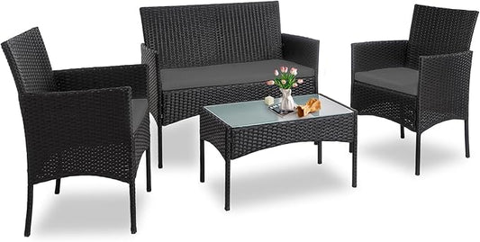 PROHIKER 4 Piece Outdoor Wicker Patio Conversation Furniture Set, Rattan Chair Wicker Sofa Garden Conversation Sets with Cushion and Glass Table for Yard Pool or Backyard, Black/Gray