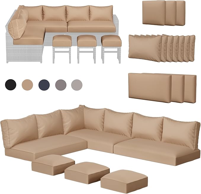 U-MAX Outdoor Cushions, 4 inch Memory Foam Patio Replacement for Outdoor Furniture, Fits 7-Seats Sectional Rattan Conversation Set, Splashproof Covers (Beige)