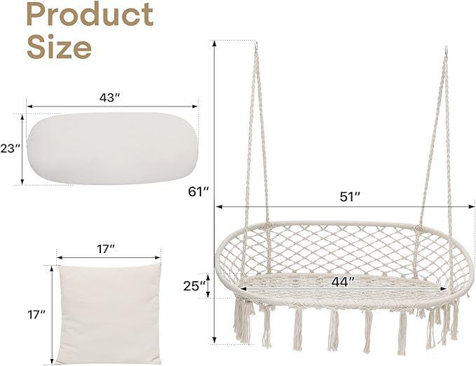 Athena Collection Hammock Swing Chair with 2 Seat, Max 700 Lbs, Outdoor Large Cotton Rope Chair Hanging Macrame Chair with 3 Soft Cushion, Swing Chair for Outdoor Indoor Patio Garden, White
