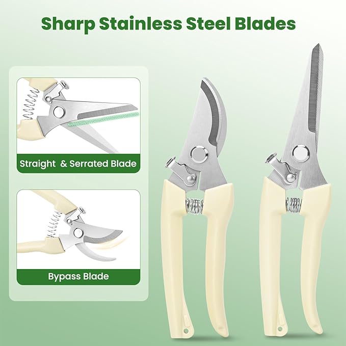 Pruning Shears, 2PACK Sharp Handheld Garden Shears, Stainless Steel Gardening Scissors with Straight & Bypass Blade, Garden Clippers for Flowers, Plants, Fruit Trees - Gardening Gifts for Women & Men