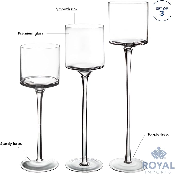 Royal Imports Glass Candleholder Flower Vase, Floating & Pillar Candle Centerpiece Display, Decorative Hurricane on Pedestal for Home or Wedding Set of 3, Clear