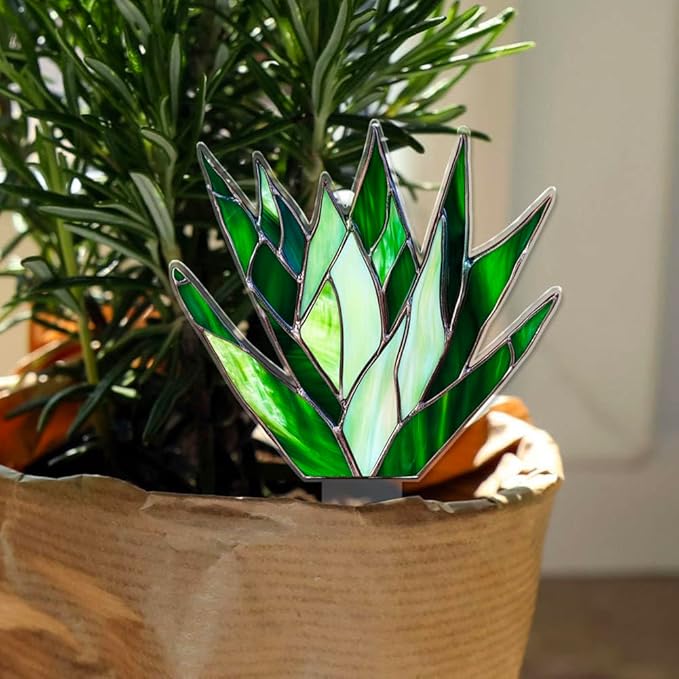 JOONOR 2 Pieces Stained Acrylic Succulent Plant Agave Planter Pot Hugger Statue Stained Sun Catcher Cute Acrylic Agave Figurines Plant Decorations for Flower Pots, Style B