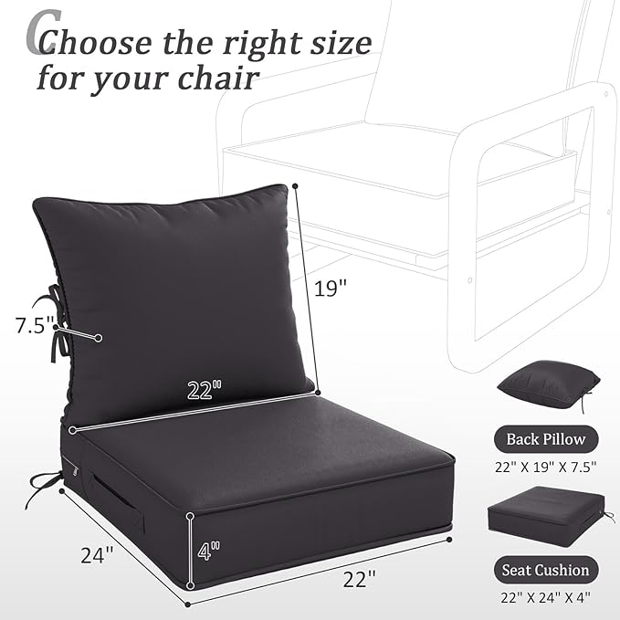 Outdoor Patio Chair Cushions Set 22 L X 24 W X 4 H Waterproof & Fade Resistant Deep Seat and Back Cushions with Removable Covers Outdoor Seat Cushion Set for Chairs and Sofas