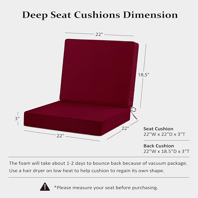 Cozyide 22x22 Outdoor Cushions for Patio Furniture, Waterproof Outdoor Chair Cushions with Non-Slip Ties and Handle, Washable Deep Seat Cushions for Outdoor Furniture with Removable Cover, Burgundy