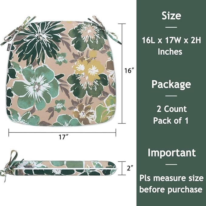 Magpie Fabrics 17"x16"x2" U-Shape Chair Cushions with Ties 2 Count, Outdoor Indoor Waterproof All Weather Seat Pads Decoration for Patio Garden Dining Office - Green Floral